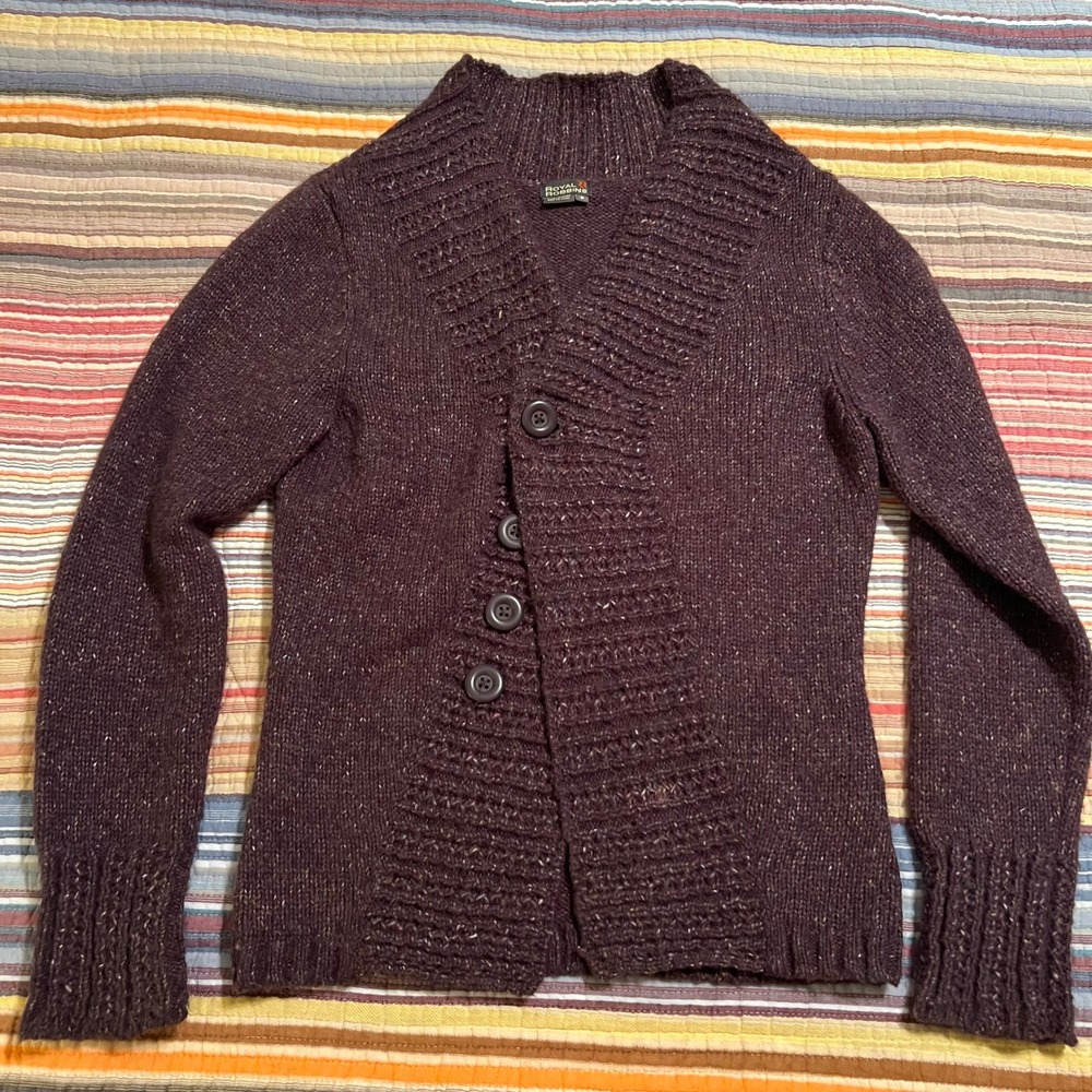 Royal Robbins Women's Cardigan Wool Purple Sparkle Knit Button Front Size S‎